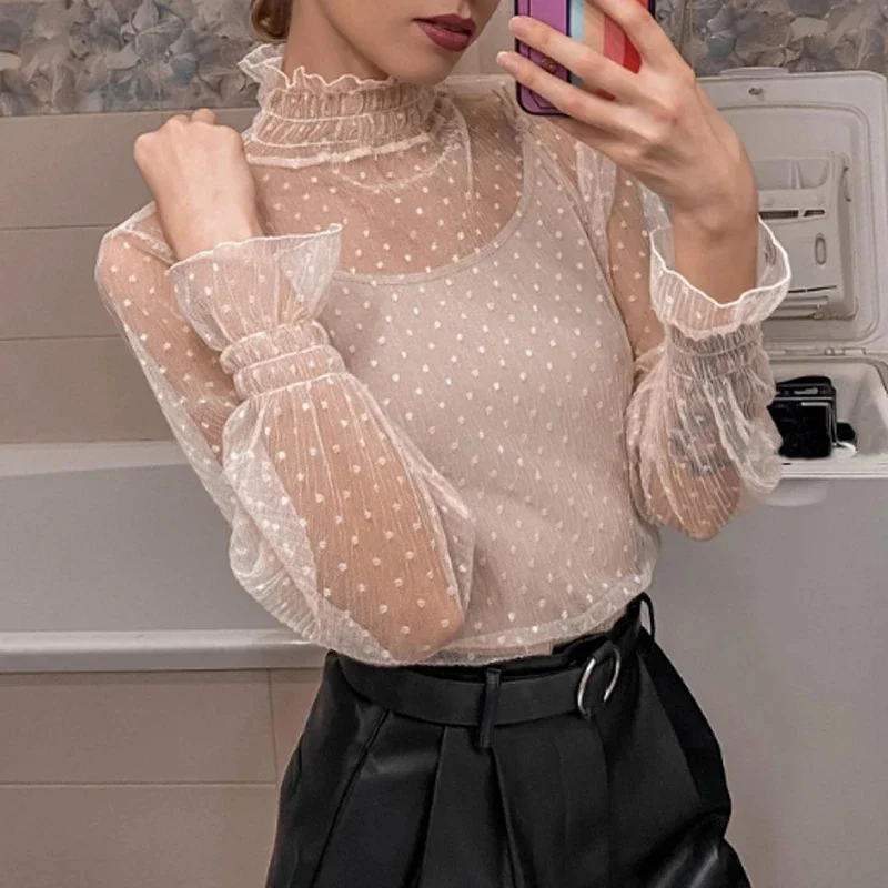 New Transparent Korean Women Flower Lace Blouse Multiple  Colors Female Bottoming Blouses S-2XL Size Cheaper Tops Kawaii T Shirt