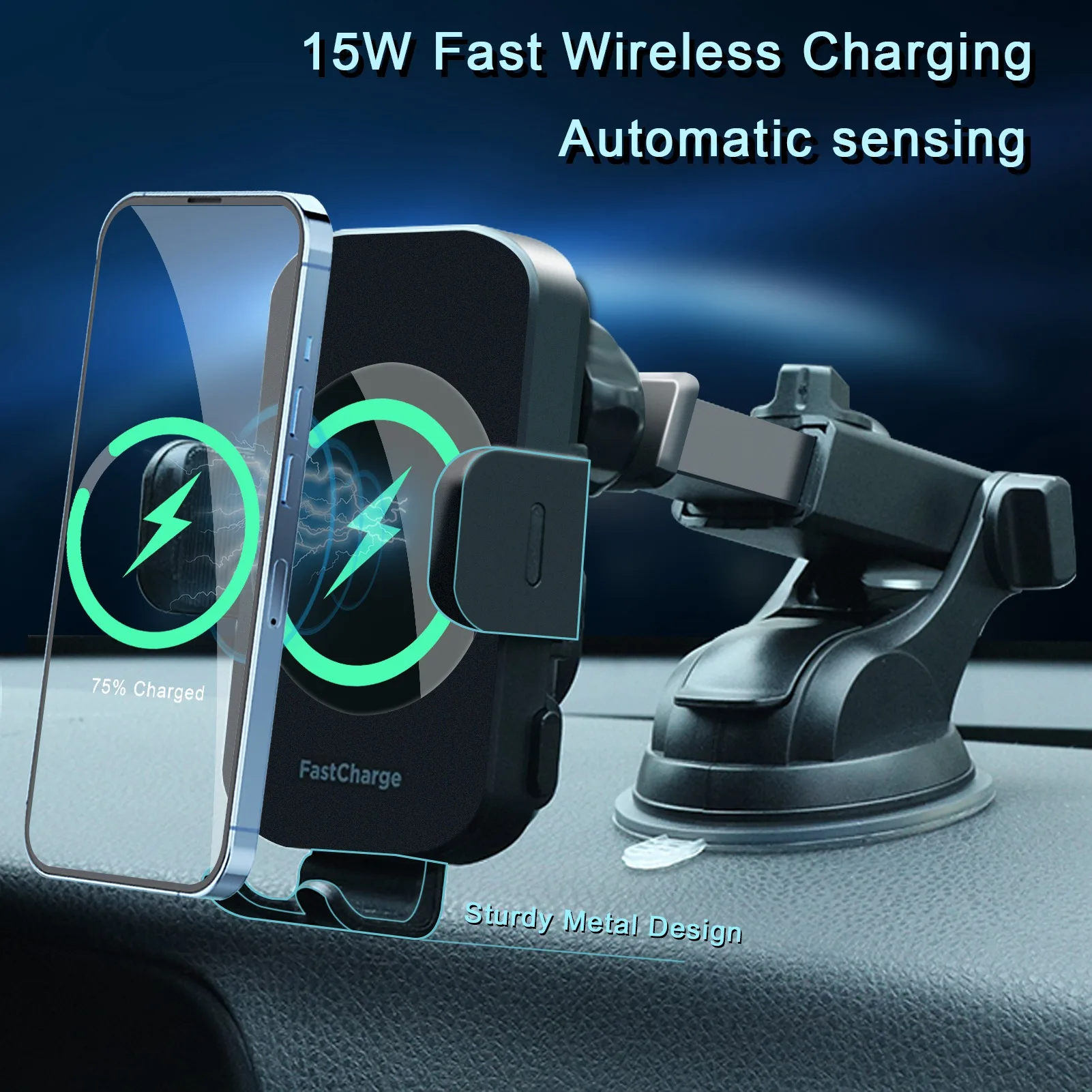 Wireless Car Charger, 15W Fast Charging Auto Clamping Car Charger, windshield, Dashboard, air Vent Phone Mount Phone Holder