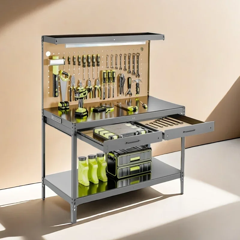 Heavy-Duty Steel Workbench with Wood Top, Sturdy Construction, Spacious Storage, Built-in LED Lighting