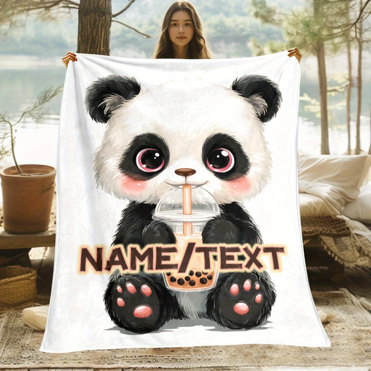 1 Stück Personalisierte Decke mit Eigenem Namen und Panda-Motiv, Niedliches Panda-Design mit Bubble Tea, Weiche Flanelldecke für Couch, Bett, Camping, Gemütliches Geschenk