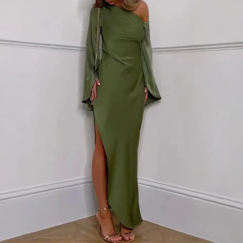 

Green Asymmetrical Slim Women Robe Dress Sexy Off Shoulder Long Sleeved Party Dress 2024 Autumn Elegant Side Split A-line Dress