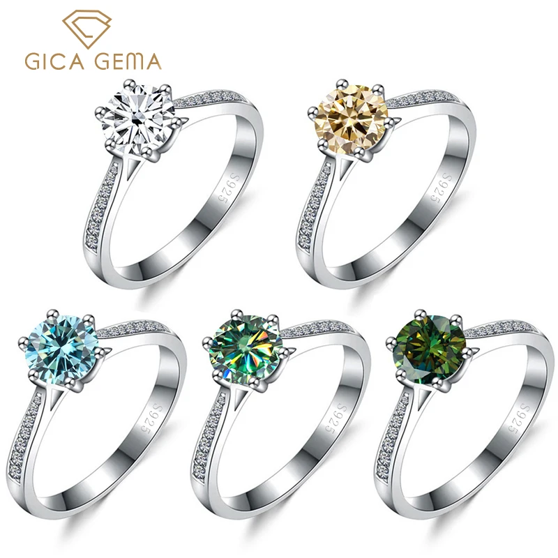 Gica Gema Real 925 Sterling Silver Moissanite Ring For Women Round Brilliant Diamond Solitaire Wedding Engagement Rings Whosale