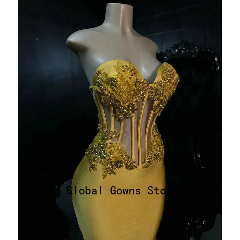 Gold Long Prom Dresses For Black Girls Sweetheart Beaded American African Evening Gowns Birthday Party Robe Customized