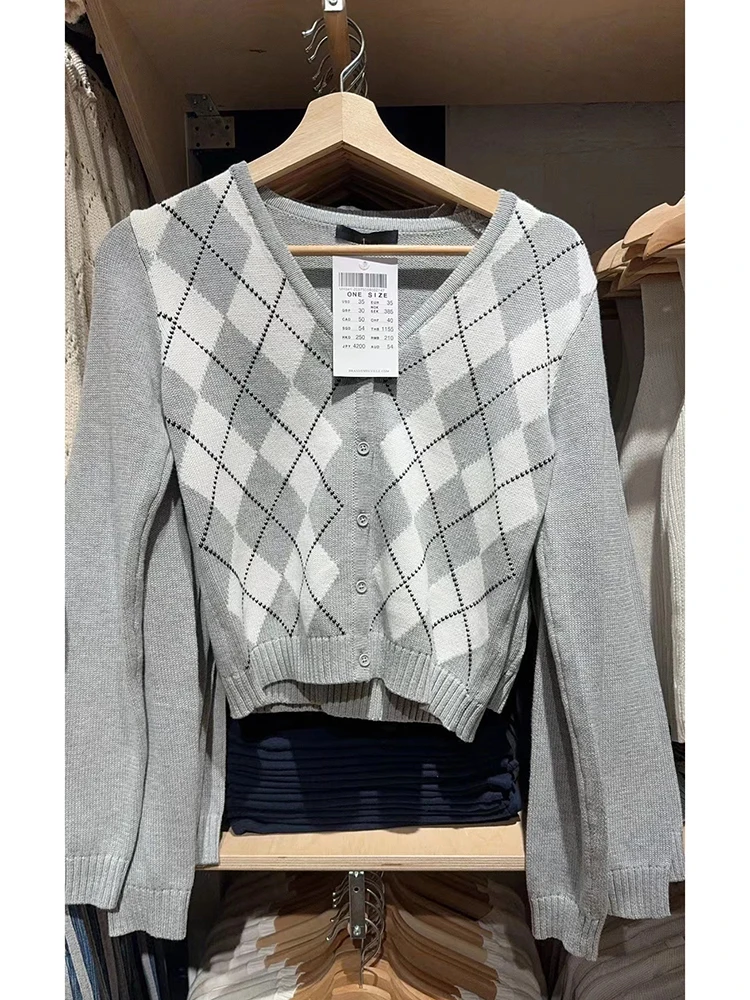 Gray Argyle Slim Short Cardigan Sweater Women Spring V-neck Cotton Button Sweater Tops Vintage Sweet Preppy Style Cardigans Y2k