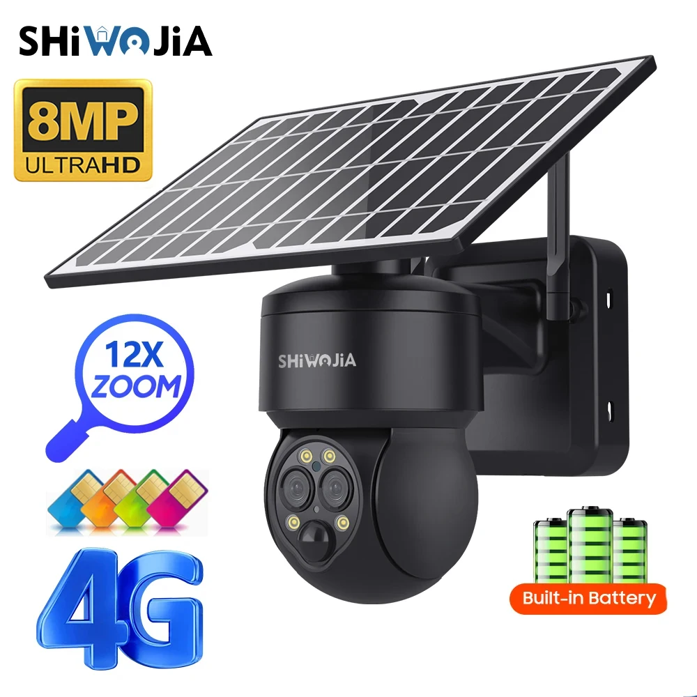 SHIWOJIA 4G SIM Solar Camera WIFI 6W Solar Panel Cameras 12X ZOOM 8MP PIR Human Security Protection Dual Lens Surveillance CCTV