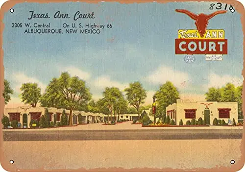 Metal Sign New Mexico Postcard - Texas Ann Court, 2305 W. Central, on Highway 66, Albuquerque, New Mexi - Vintage Rusty Look