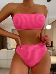 S - XL Wrinkled Bandeau Bikinis Female Swimsuit High Waist Bikini Women Swimwear Two-pieces Bikini Set Bather Bathing Suit Swim