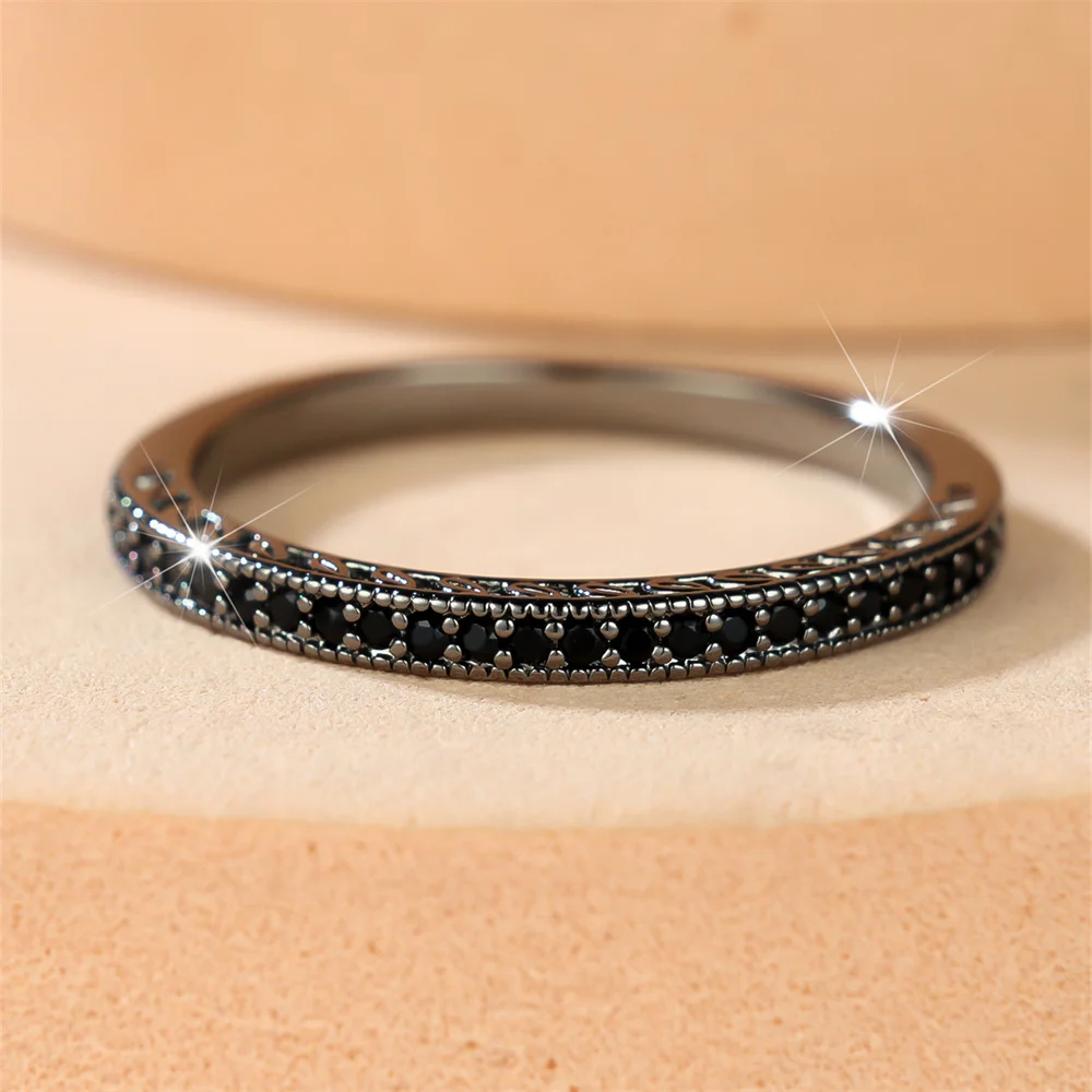 Antike Verlobungsringe mit schwarzem Zirkon und kleinem rundem Stein für Frauen, Vintage-Ring aus schwarzem Metall, Hochzeitsschmuck, Valentinstagsgeschenke – Detail 2