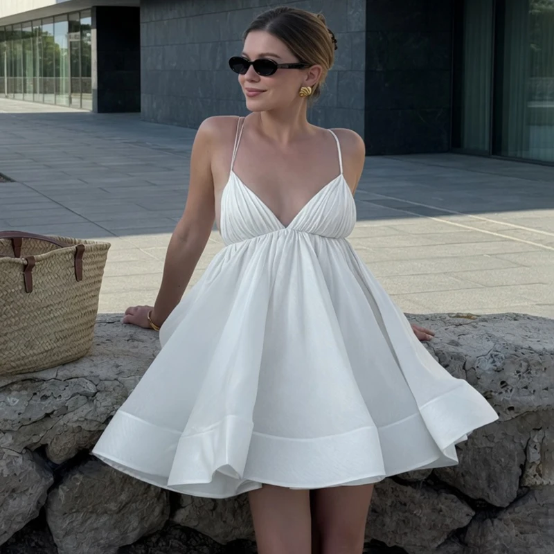 

TARUXY Deep V-Neck Strappy Dress Women's Solid Slim Lace Up Backless Sexy 2026 Summer New Fashion Vacation Party Dress Female