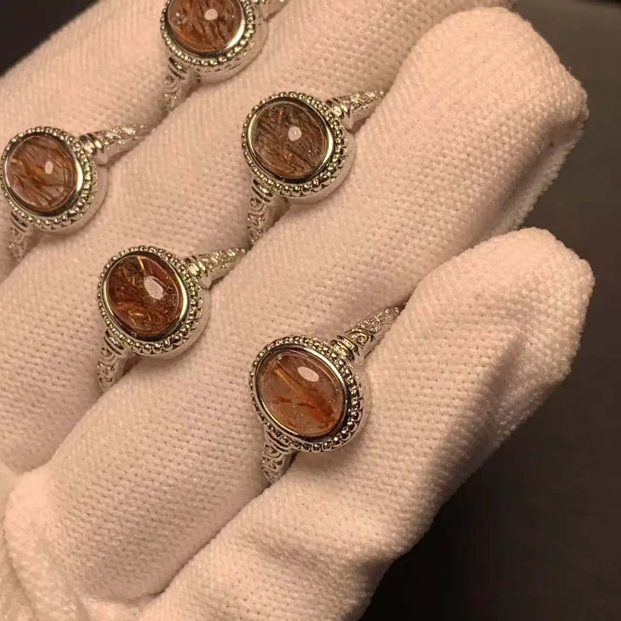 Vintage Natural Red Rutilated Quartz Ring For Women Stainless Steel Simple Fine Jewelry Stone Gemstone Classic Style