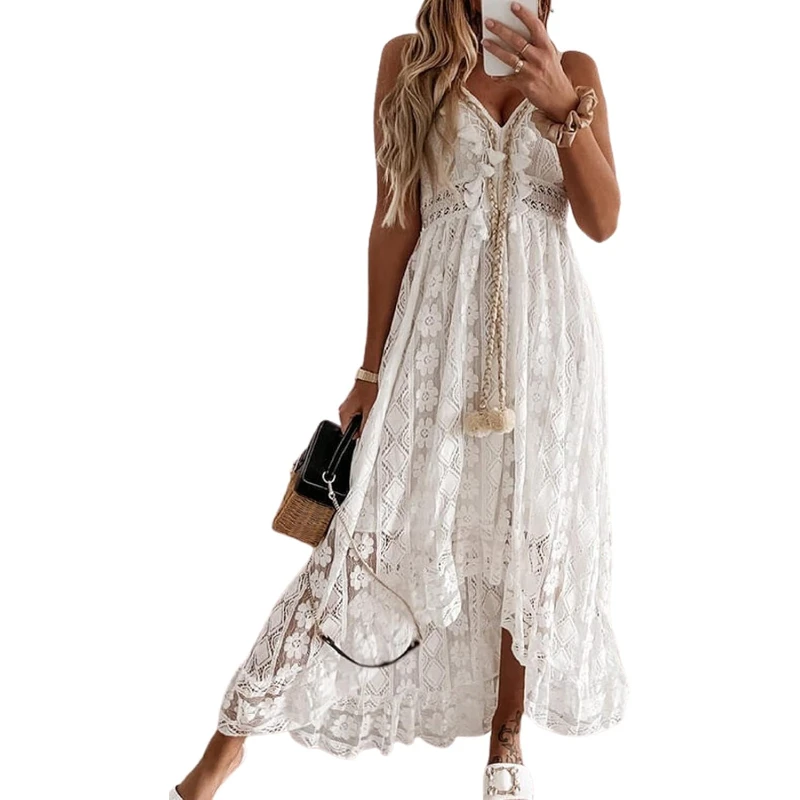 

Women's Summer Dresses Sleeveless Lace Casual Tassel Beach Spaghetti Straps Flowy Maxi Dress