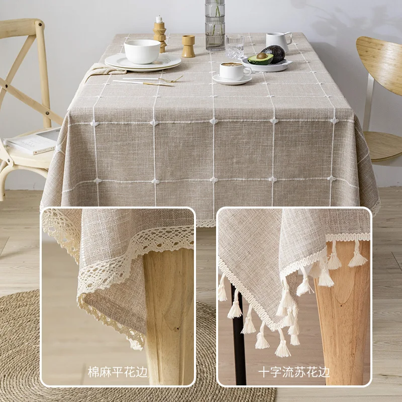 Grey Large Square Embroidery Tassel Tablecloth,Cotton Linen Dust-Proof Checkered Table Cover,for Kitchen Dinning Tabletop Decor