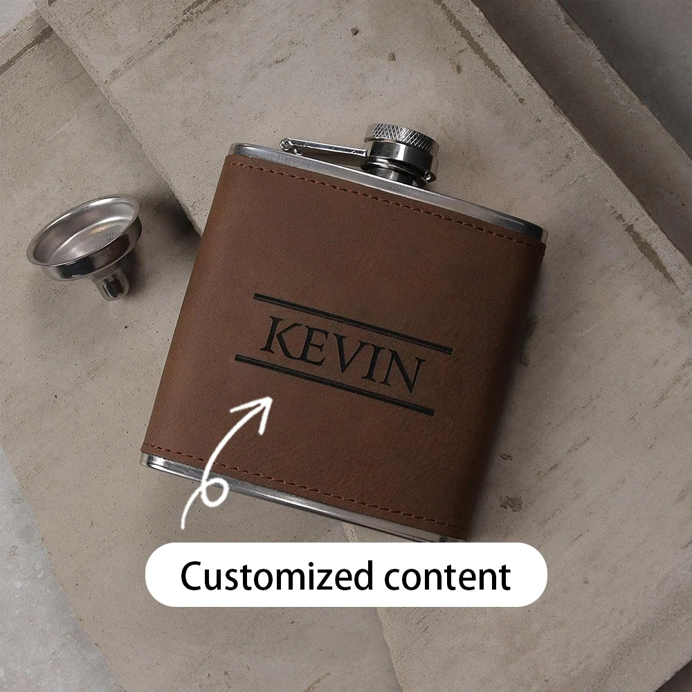 Personalized Groomsmen Hip Flask Custom Engraved Name Leather Wrapped Stainless Steel Pocket Flask Wedding Anniversary Keepsake