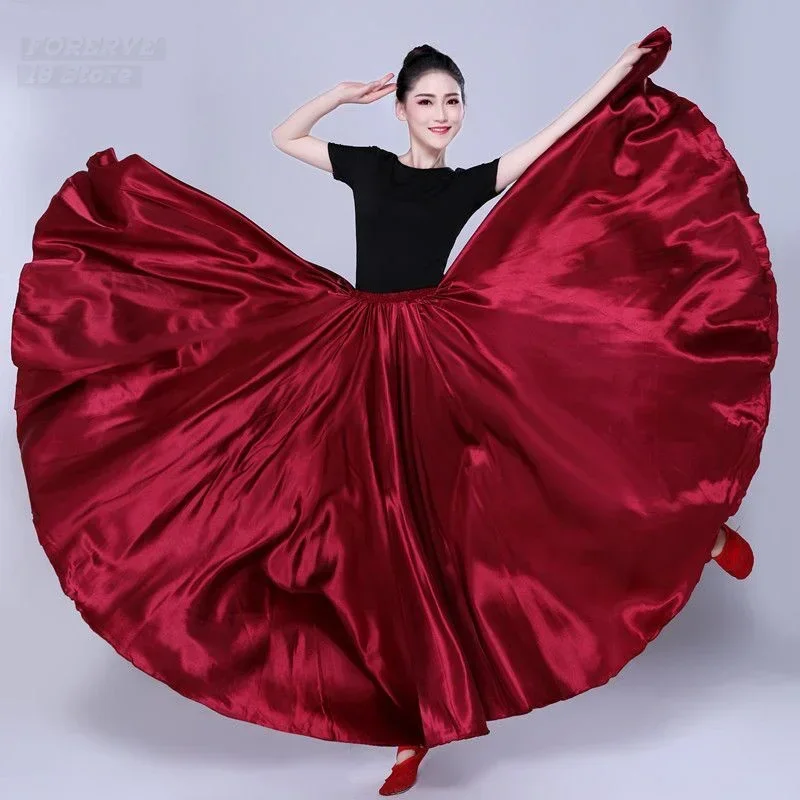 Gypsy Long Skirts Women Yi and Uyghur Tibetan Dance Performance Costumes Dancer Solid Color Purple Gold Dance Satin Skirt