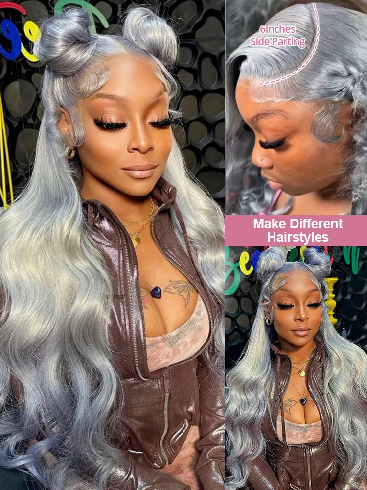 Silver Grey Body Wave Human Hair Wigs Brazilian Ash Grey Color 13x6 HD Lace Frontal Wig 250 Density Pre Plucked Natural Hairline image 3