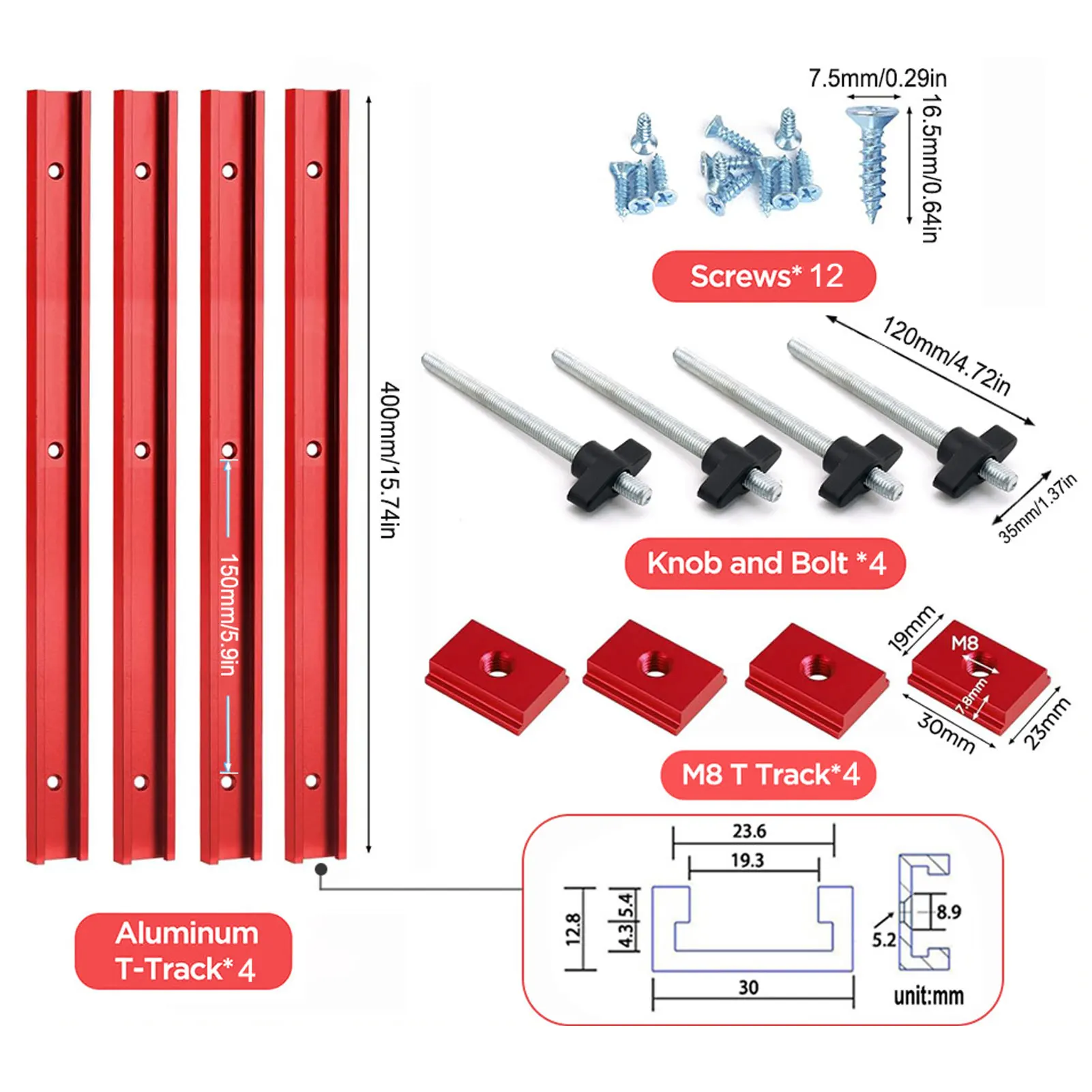 

T Track Set Pre Drilled Mounting Holes High Flexibility Red T Track Knob Set 400mm Double Cut for Woodworking Projects
