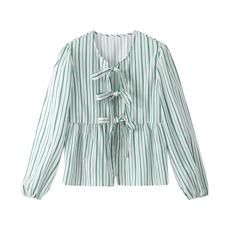 TRAF Bowknot Striped Shirt Women Cut Out Puff Sleeve Female Blouses Streetwear Summer Elegant Blouses Casual Crop Tops Woman