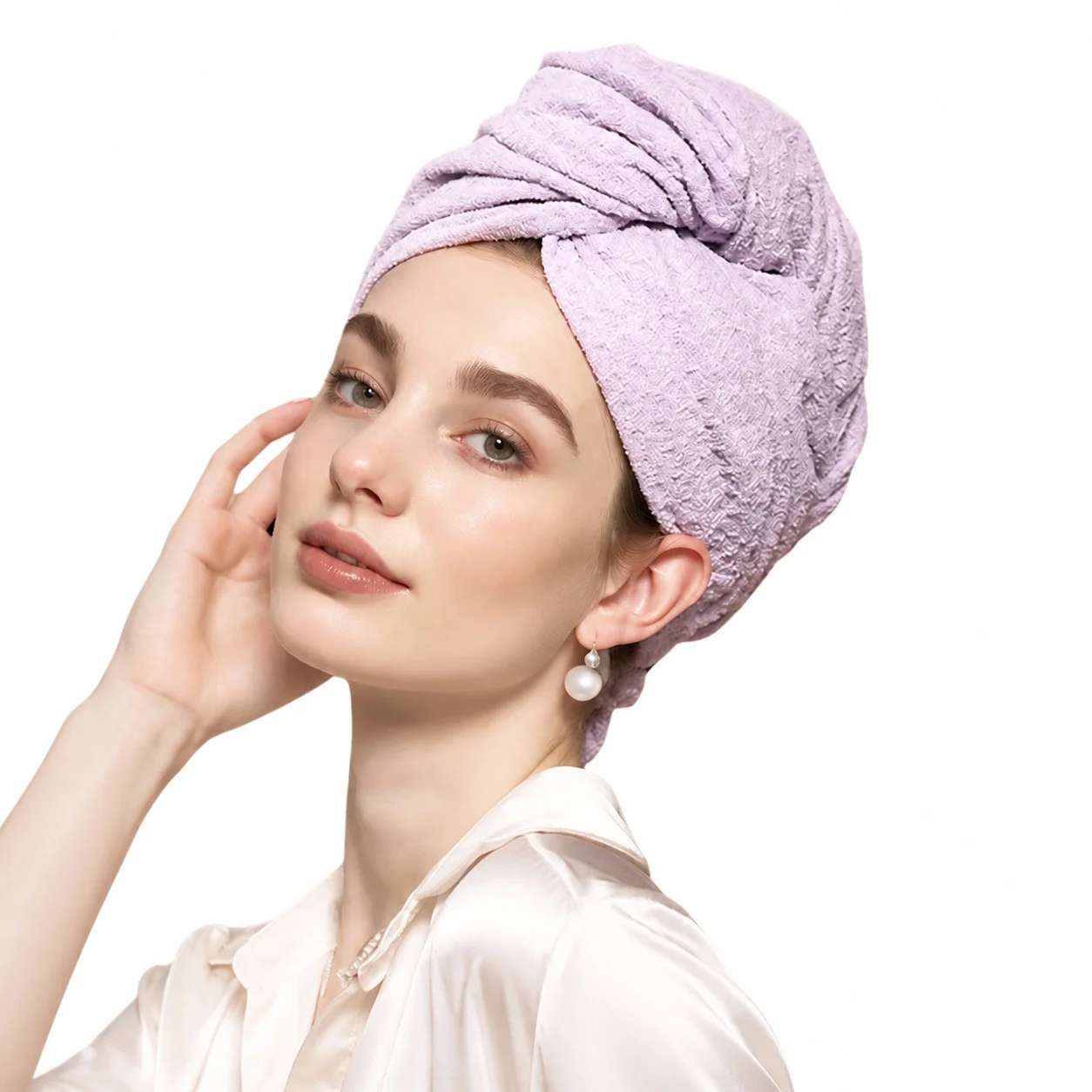 ワッフル織り超吸水速乾ヘアタオル-幅広テール無地軽量ソフト通気性抜群、太い髪や長い髪に最適