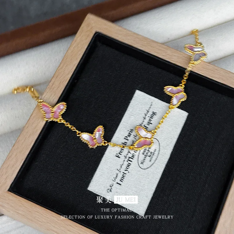 Light luxury high-end five butterfly bracelets 9999 24K real gold versatile ins style mother-shell pink women's bracelets