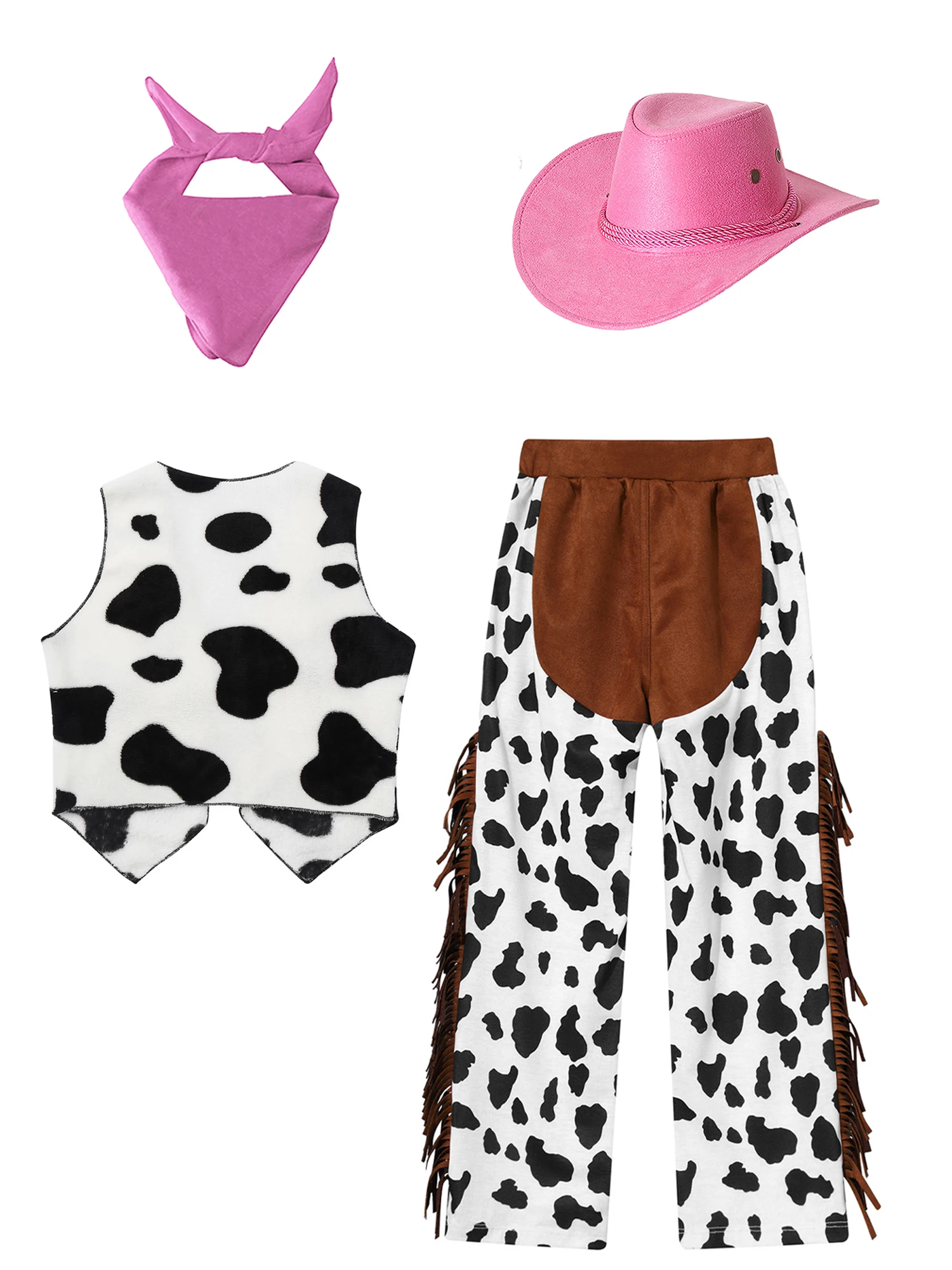 Kostum koboi Barat anak-anak pakaian koboi anak perempuan anak laki-laki celana pendek dengan rompi dan topi bandana koboi perempuan berdandan pesta Halloween