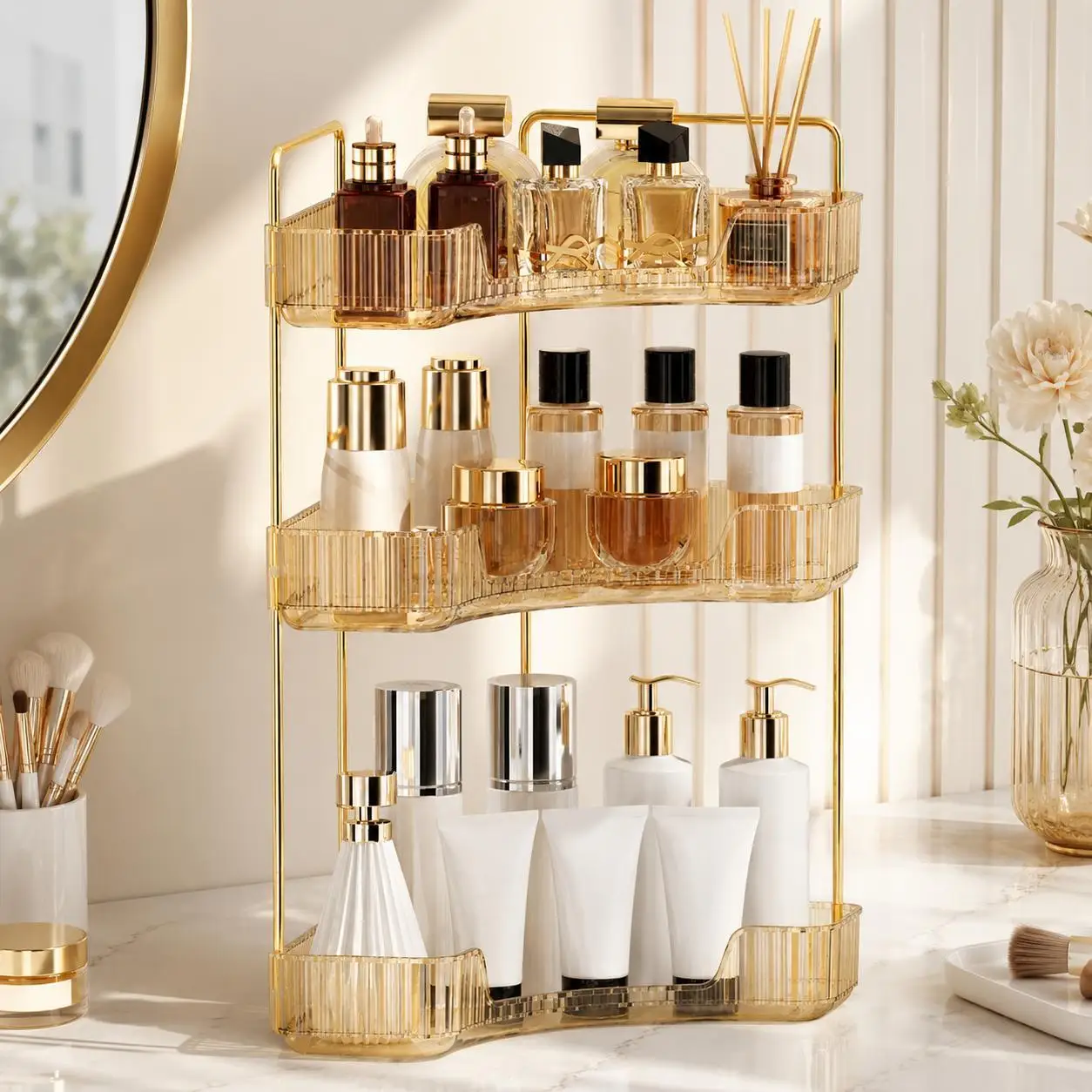 Corner Vanity Beauty Storage Organizer with 2-Tier Transparent or 3-Tier Amber Gold Options, Multi-Level Countertop Rack with Detachable Raised-Edge Trays for Makeup, Skincare, Perfume, Bathroom Essentials