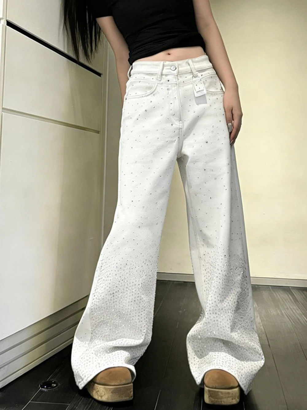 White Starry Sky Diamond Jeans Autumn New Women's High Waist Loose Wide Leg Pants Fashion Versatile Baggy Denim Trousers