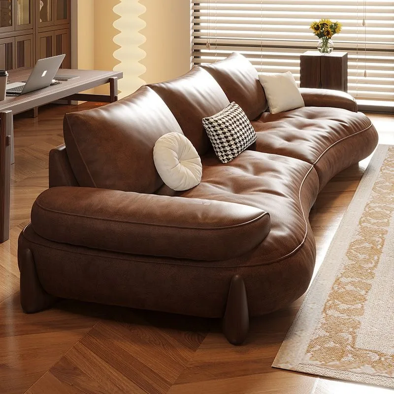 ！@Vintage Brown Leather Convertible 3-Seater Sofa Set Competitive Price Home Furniture Sponge Lazy Couch Living
