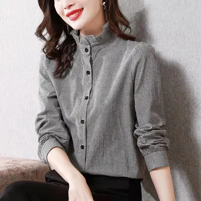 Office Lady Fashion Ruffles Stand Collar Blouse Female Autumn and Winter Commute Casual Striped Button Shirt Women\'s Clothing