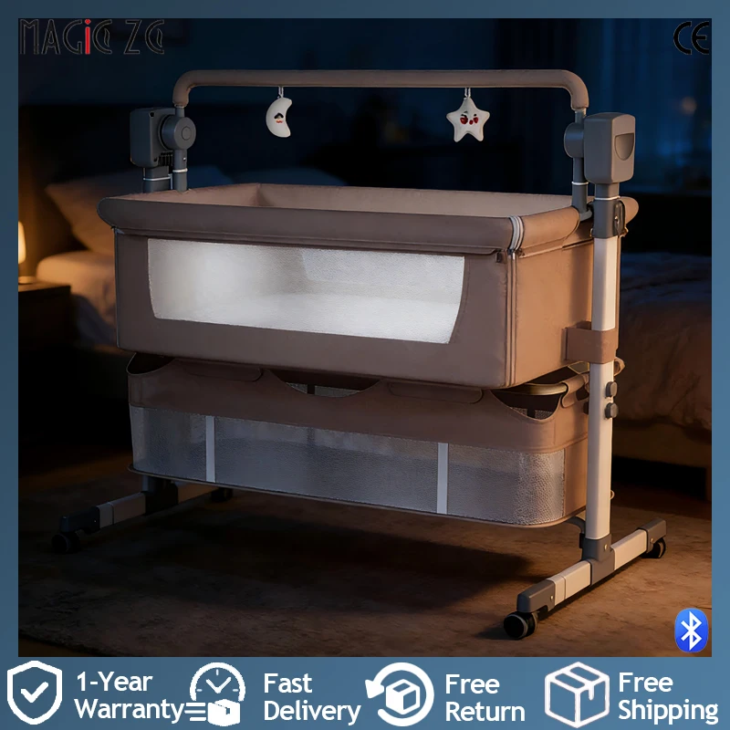 Cuna de bebé, Moisés mecedora eléctrica, mesita de noche, cuna plegable portátil con música Bluetooth y mosquitera, cama de bebé