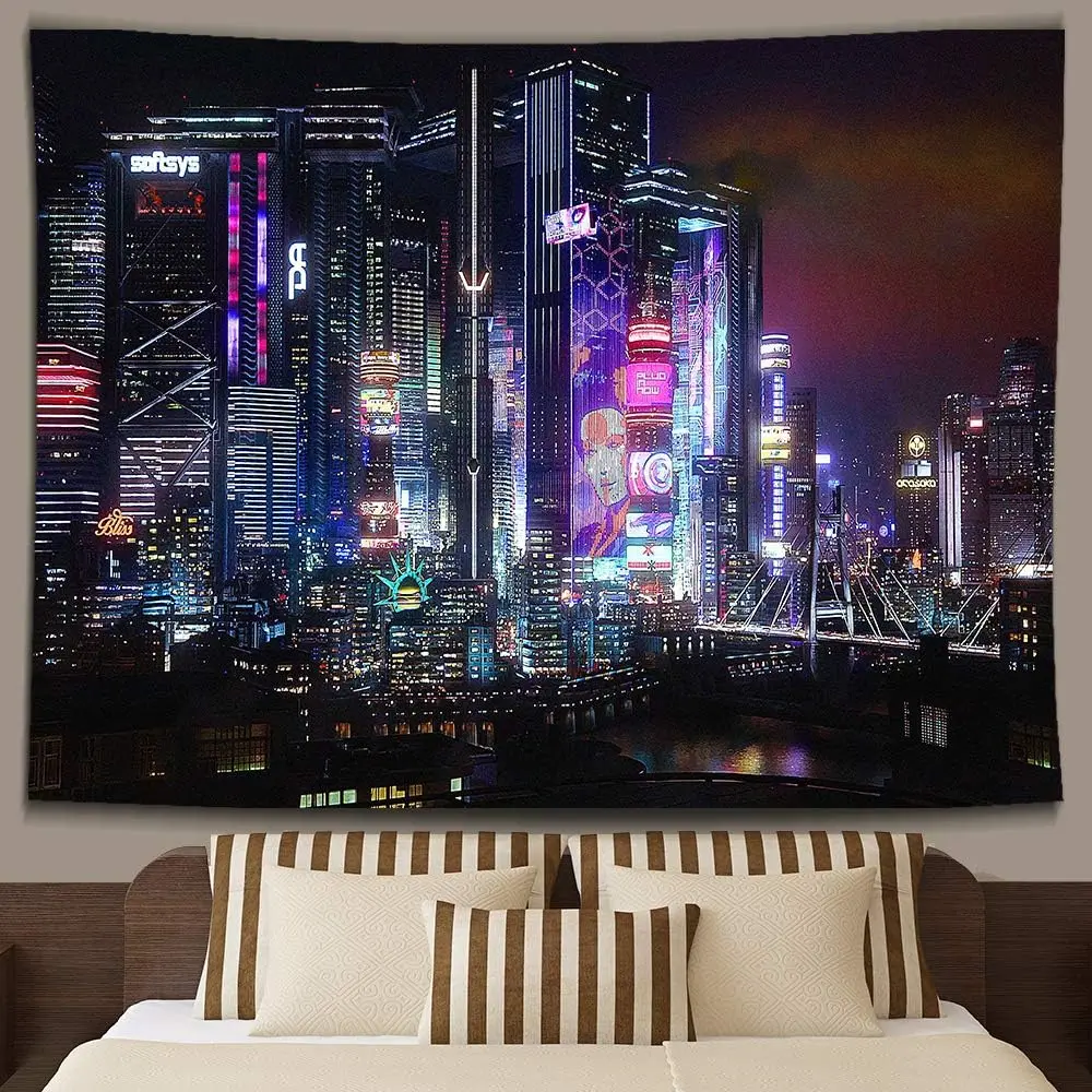 City Night View Tapestry Punk Game Scene Neon Building River View Wall Hanging Bustling Urban Flannel 80x60 Inch Futuristic