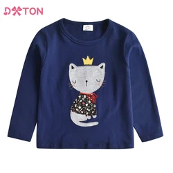 DXTON Spring Autumn Girls Tops Long Sleeve Kids Cotton T-shirts Cat Print Applique Children Casual Tees School Home Kids Wear