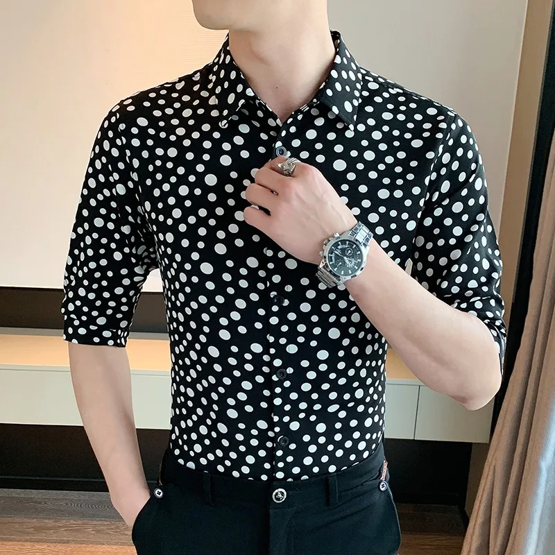 

2004 Summer Three-quarter Sleeve Shirt for Men Polka Dot Print Slim Fit Casual Shirts Fashion Business Social Men Clothing 2024