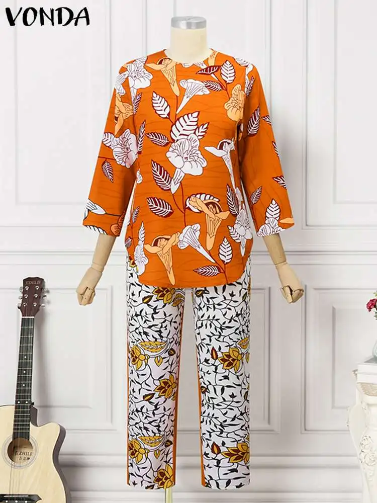 Set pakaian musim panas cocok untuk wanita, set celana panjang 2024 VONDA motif Vintage, atasan lengan 3/4 dan celana panjang, setelan 2 potong Bohemian longgar kasual untuk wanita