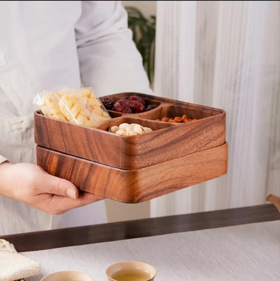 Walnut plate with four compartments household wooden stackable whole wood divided into compartments dried fruit snack plate