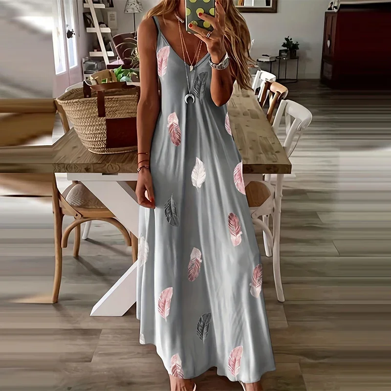 8Colour All-Season Chic Feather Print Maxi Dress Casual V-Neck Comfort Stretch Easy Care