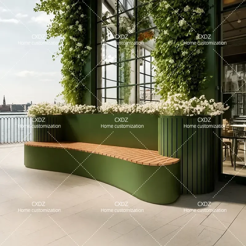 Outdoor Wrought Iron Flower Box Bench with Wood Plastic Composite Seat Creative Irregular Design for Villa Courtyard Terrace