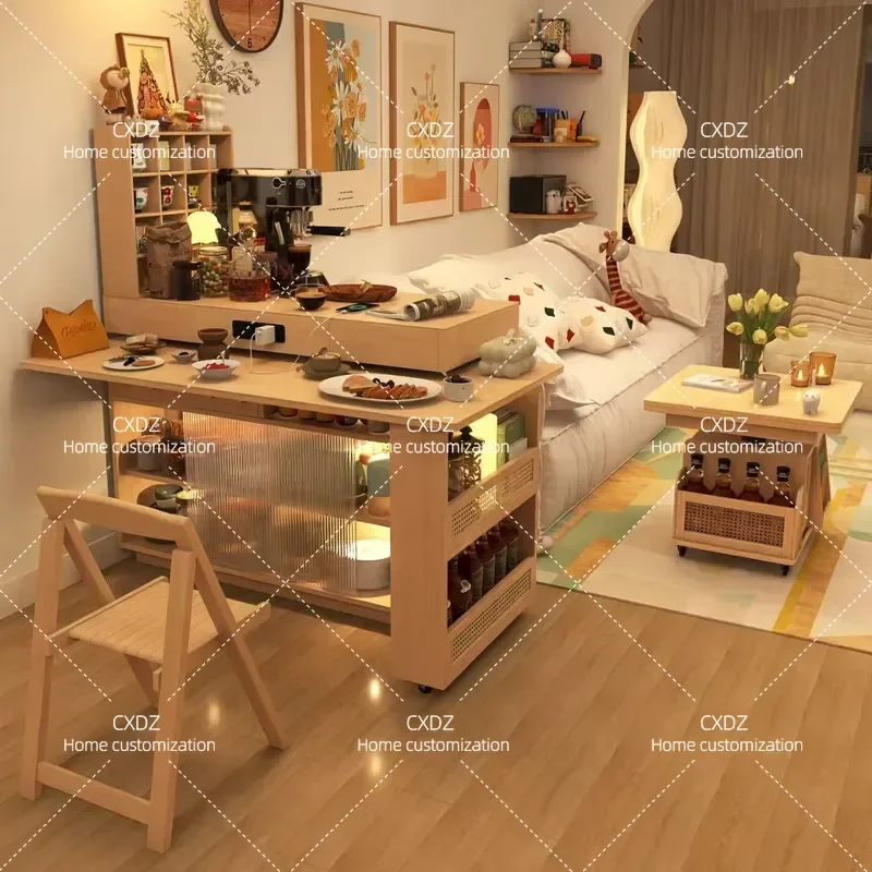 Rotating Island Table with Integrated Foldable Side Cabinet Log Style Bar Table for Small Apartment Household Use