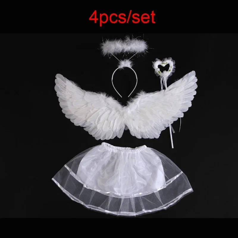 Kids Baby White Angel Feather Wings Costume Headband Fairy Wand for 1 2 3 4 Fairytale Birthday Accessories Photography Props