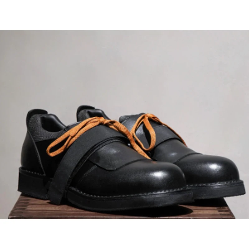 Men's Orange Lace Up Platform Round Toe Derby Shoes 2026 Black Block Heel Retro Work-Style Casual Leather Shoes for Men