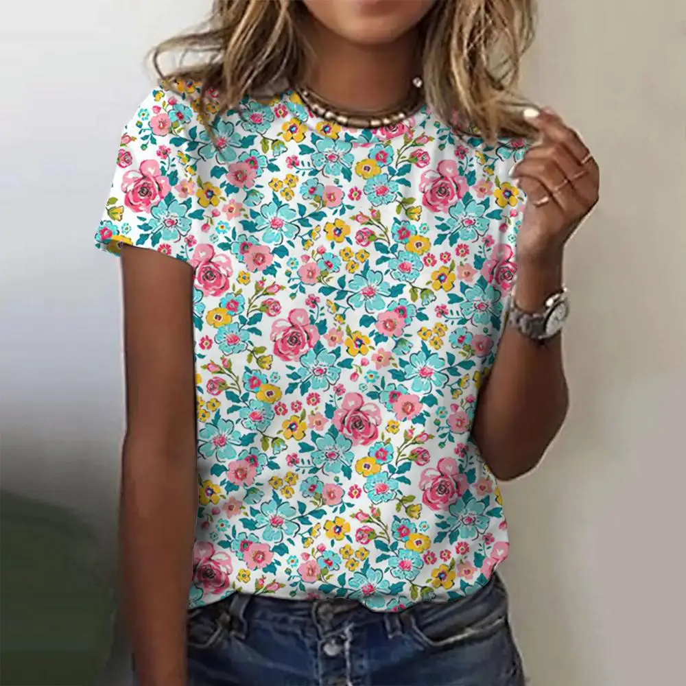 Camiseta con estampado Floral en 3d para mujer, Top informal con cuello redondo para mujer, Tops Harajuku para niña, ropa de calle de manga corta,