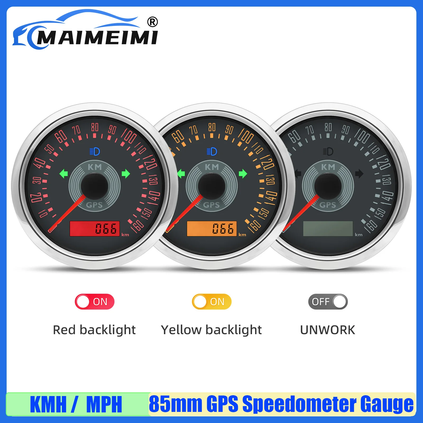 

MAIMEINI Retro Vintage 85MM GPS Speedometer Gauge With Antenna Yellow Red Light Turn Light High Beam 0-160KHM,0-200KMH,0-160MPH