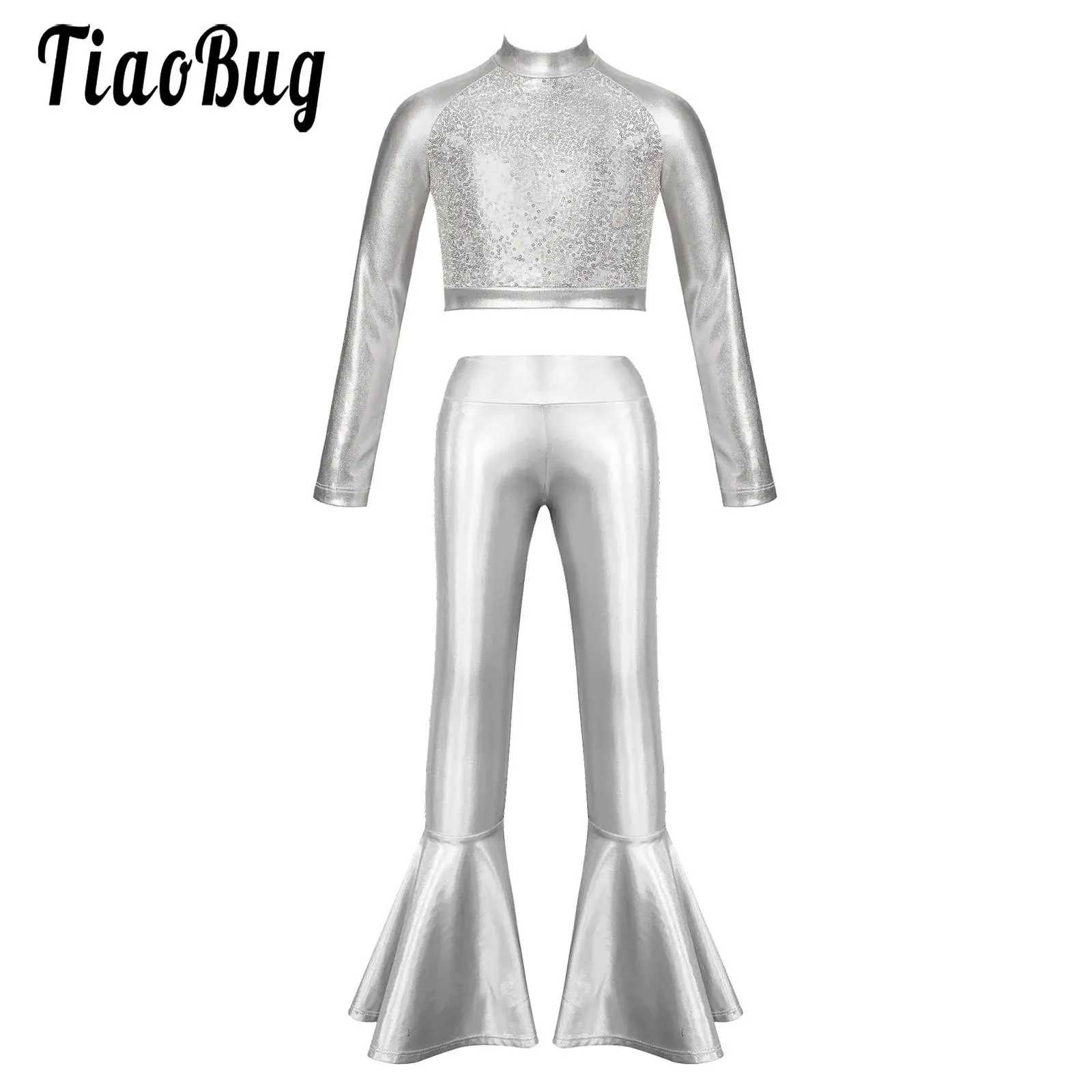 

Kids Girls Jazz Latin Dance Performance Costumes Ballroom Dance Sets Long Sleeve Sequin Metallic Crop Top and Bell-bottom Pants