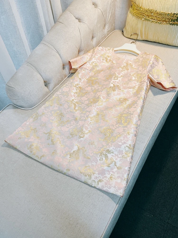 

2024 Summer New Vintage Lady Elegant Reformed Dress Short Sleeve round Collar Daily Wear Polyester Fiber Floral Pat...