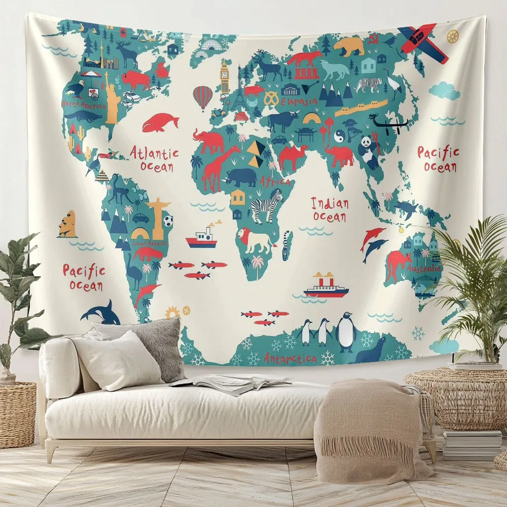 Cartoon Animal World Map Tapestry Educational Wall Hanging 2D Flat Printed Cloth Kids Nursery Bedroom Playroom Decor