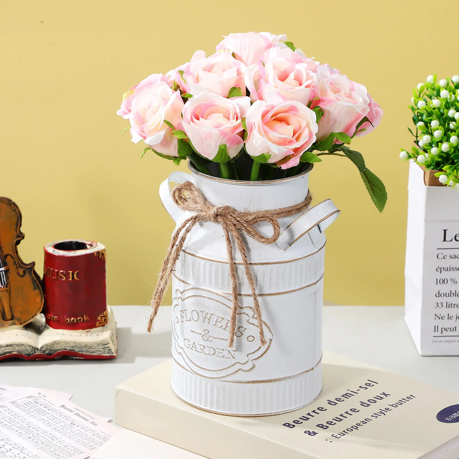 Galvanized Iron Flower Bucket Vase Rustic Farmhouse Jug Vintage for Dried Flowers Fresh Bouquets Desktop Balcony