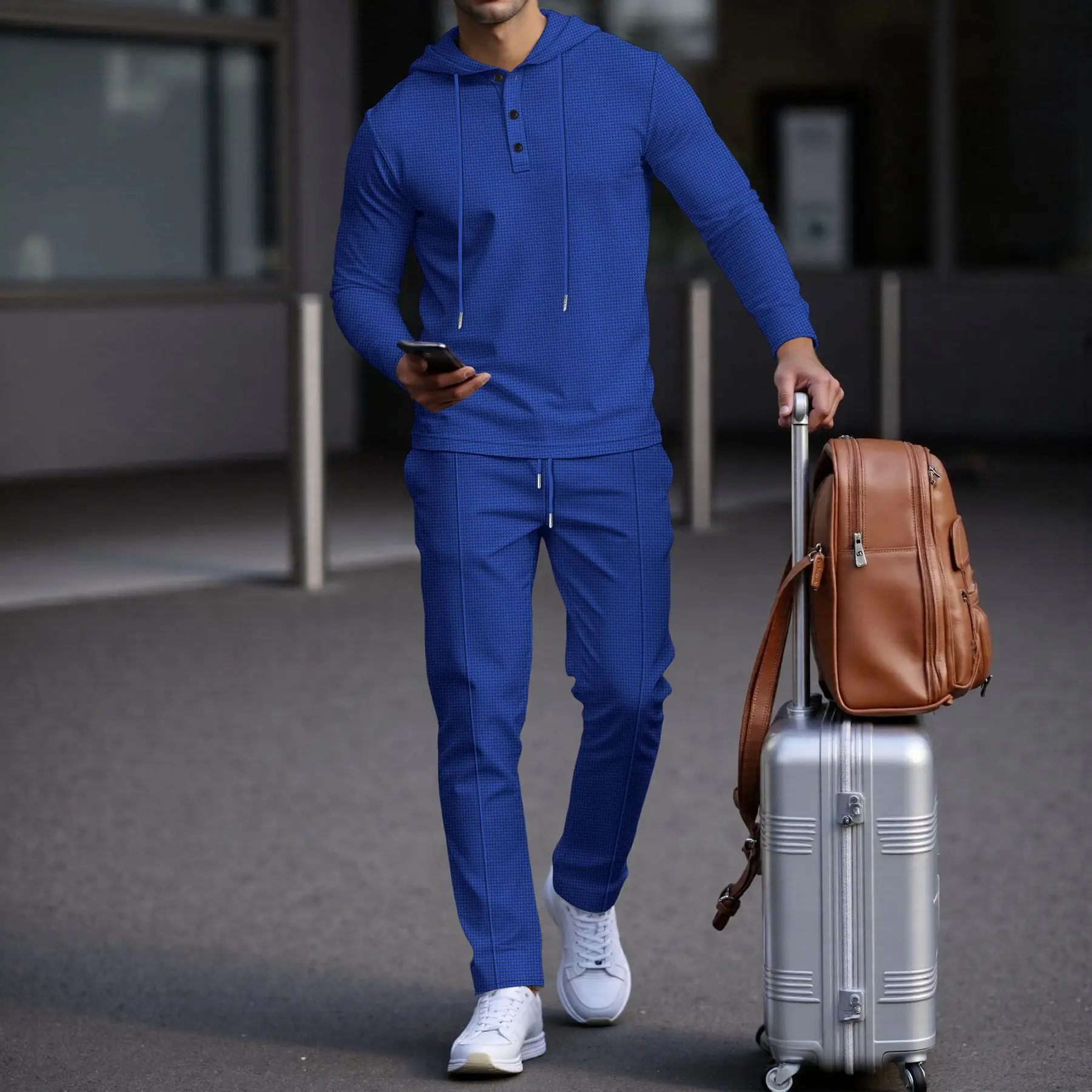 Amazon 2025 Cross-border Men's Waffle Knit Buttoned Hoodie Long-sleeve Top and Pants Casual Fashion Two-piece Set