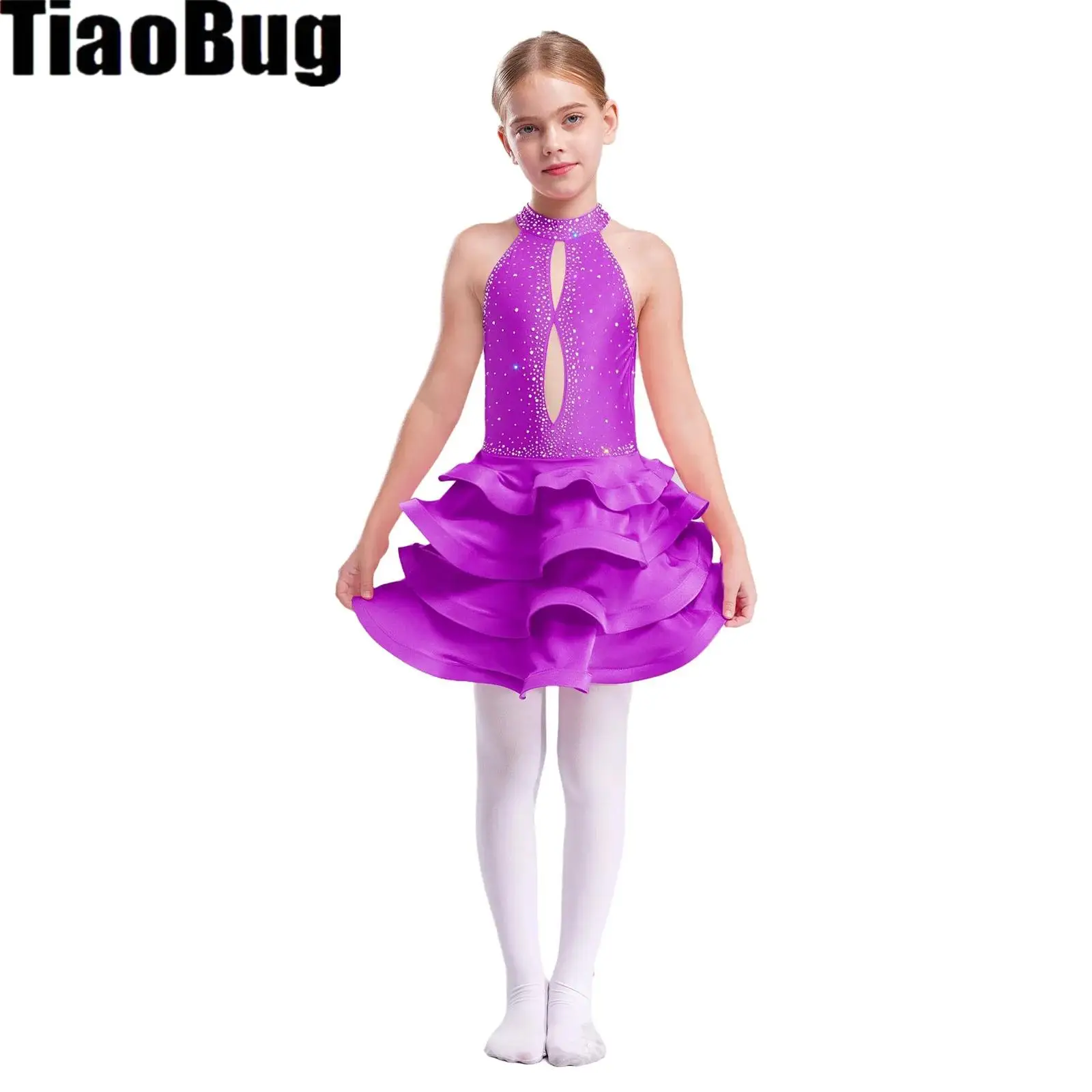 

Kids Girls Tiered Latin Dance Dress Sleeveless Backless Shiny Rhinestones Dress Performance Costume