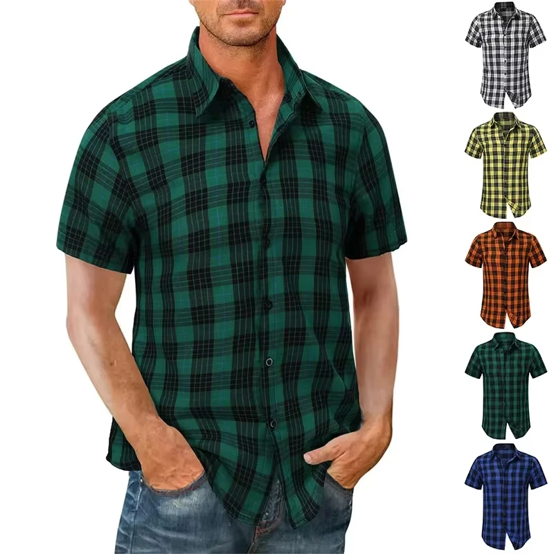 New Men Casual Plaid Flannel Shirt Short Sleeved Chest With Pocket Design Fashion Printed-Button (USA SIZE S M L XL 2XL)