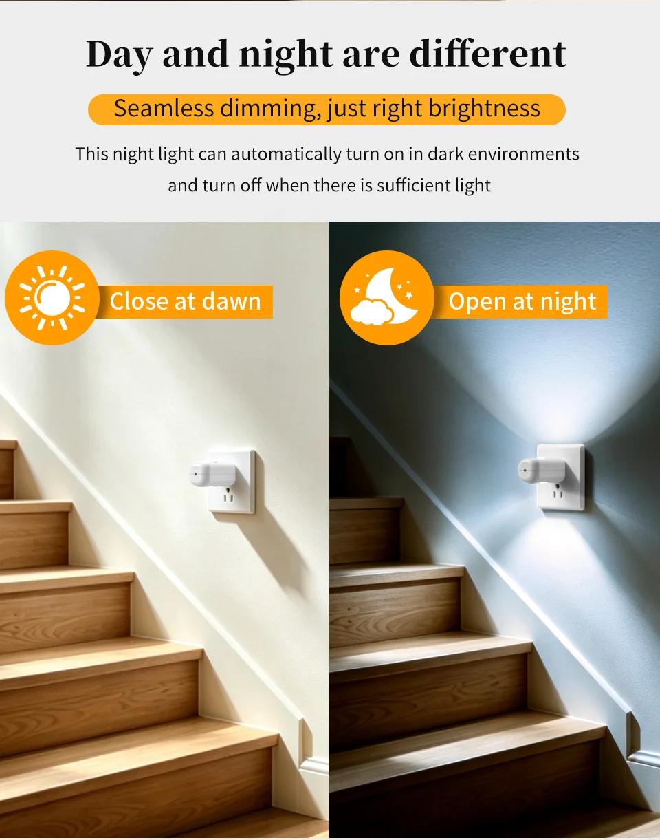 EU US Plug LED Night Light Dusk to Dawn Auto On/Off Warm/Cool White Night Lamp for Bedroom Hallway Stairs Kitchen Energy Saving