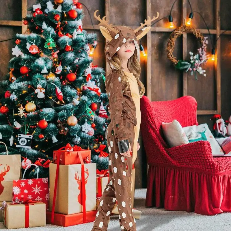 Reindeer Onesie Kids Girls Deer Costume Unisex Crystal Velvet Warm Christmas Onesie For Role Play Party Cosplay Pajamas